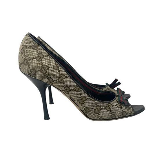 Gucci Monogram Guccissima Supreme Canvas Web Bow Sandals Heels Pumps Size 8.5B - Picture 2 of 10